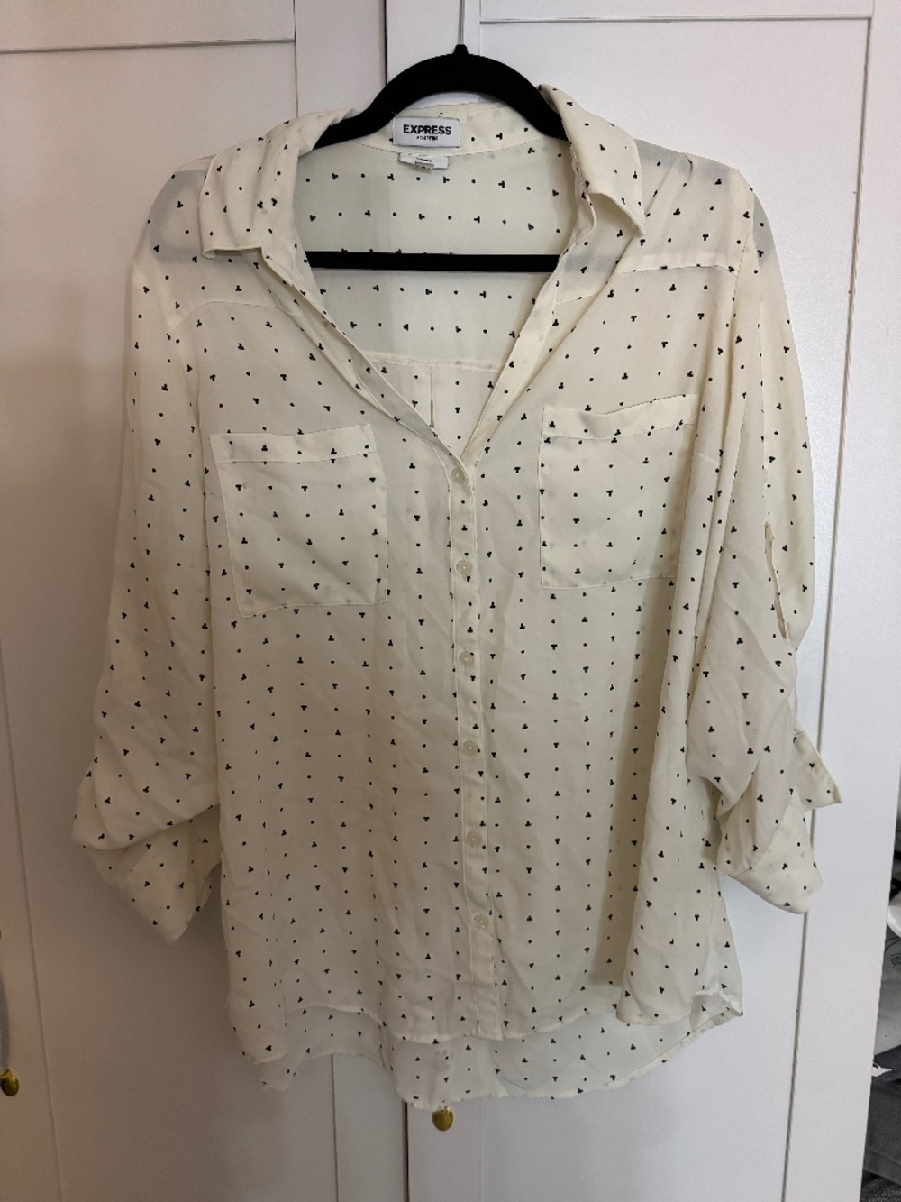 Express Portofino Shirt XL Ivory Black Print Button Down Blouse